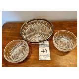 3 Crystal Etched Relish Bowls. 1 with Silver Plate Rim