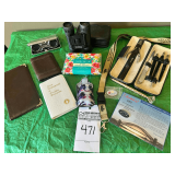 2 Leather Wallets, Manicure Set, 2 Binoculars, Misc Stuff
