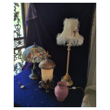 Lamps and Pink Vase. Tiffany Style Lamp with Plastic Shade, Victorian Style Lamp and 29' Tall Lamp