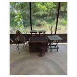 Assorted Tables, Stools, Table, Plant Holders and Water Pump
