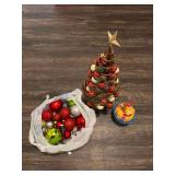Assorted Christmas Decor Lot Including Metal Tree, Ornaments, and Reindeer Figurine