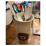 Ceramic Utensil Crock with Assorted Utensils and Bamboo Skewers