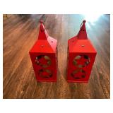 Set of Two Red Metal Star Cutout Decorative Candle Lanterns