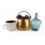 Demijohn Glass Bottle, Brass Bucket, & Stoneware