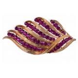 Corocraft Gold-Tone Pink Rhinestone Leaf Brooch