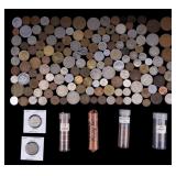 Tray Full of Foreign Coins & Canadian Penny Rolls