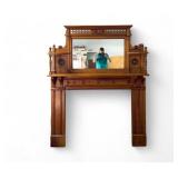 Hard Wood Mantle w/ Carvings + Mirror Top Stand