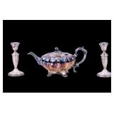 Weighted Sterling Candlesticks (2) & Plated Teapot