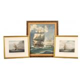 Nautical Painting (Signed) and Engravings (3)