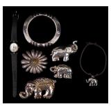 Sterling Elephants, Bangle, & Flower + Wrist Watch