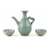 Chinese Celadon Teapot & Lotus Bowls (2)