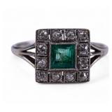 Antique 10K White Gold Diamond Emerald Ring