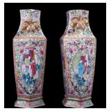 19th C. Chinese Rose Mandarin Hexagonal Vase Pair