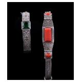 Chinese Marked Cabochon Bracelet + Stone Bracelet