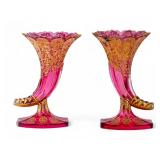 19th C Moser Glass Pink Cornucopia / Vase Pair