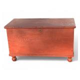 19th C Red Painted Blanket Chest w/ Turned Feet
