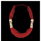 Coral Glass Bead and Carved Animal Motif Necklace
