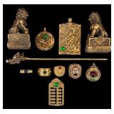 Foo Dog Mini Statues, Sterling Hair Pin, & Jewelry