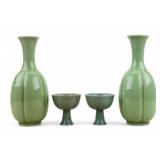 Chinese Yue Style Celadon Vase & Teacup Pairs