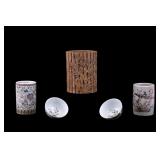 Chinese Bamboo & Porcelain Brush Pots + Bowls