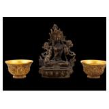 Green Tara Bronze Statue & Buddhist Offering Bowls