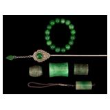 Green Hardstone Barrel Pendants, Pin, & Bracelet