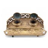 Early 20th C Brass Double Inkwell w/ Pen Tray Early 20th C Brass Double Inkwell w/ Pen Tray
