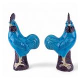 Pair, Chinese Export Blue Porcelain Roosters Pair, Chinese Export Blue Porcelain Roosters