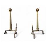Pair, Large Scale Brass Cannon Ball Top Andirons Pair, Large Scale Brass Cannon Ball Top Andirons