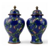 Pair, Cloisonne Blue Floral Ginger Jars w/ Lids Pair, Cloisonne Blue Floral Ginger Jars w/ Lids