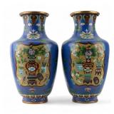 Pair, Highly Decorated Blue Cloisonne Vases Pair, Highly Decorated Blue Cloisonne Vases