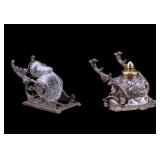 Victorian Bronzed Iron and Glass Tilting Inkwells Victorian Bronzed Iron and Glass Tilting Inkwells