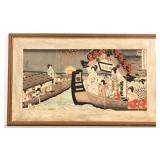 Framed Japanese Woodblock Panoramic Triptych Framed Japanese Woodblock Panoramic Triptych