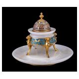 F. Barbedienne Bronze Enamel & White Onyx Inkwell F. Barbedienne Bronze Enamel & White Onyx Inkwell
