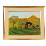 Signed Vintage Folk Art Farm Painting Signed Vintage Folk Art Farm Painting