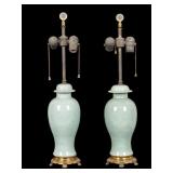 Pair, Celadon Ginger Jar Lamps Brass Base Pair, Celadon Ginger Jar Lamps Brass Base