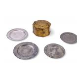 18th C. Brass Foot Warmer and Pewter Plates 18th C. Brass Foot Warmer and Pewter Plates