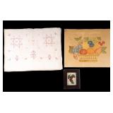 1838 Embroidered Linen + Signed Theorem Paintings 1838 Embroidered Linen + Signed Theorem Paintings