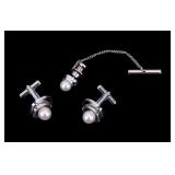 Pearl and Silver Cufflinks and Tie Pin Set