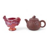 Chinese Yixing Clay Teapot, Slag Glass Rooster Cup