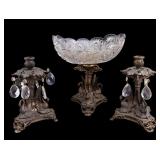 Crystal & Bronze Compote w/ Matching Candlesticks