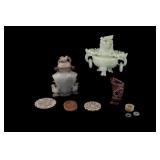 Chinese Green Hardstone Censer & Urn + Pendants