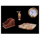 Tiffany Brass Desk Clock, Green Onyx Ashtray, More