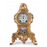 French Gilt Mantel Clock w/ Painted Cottage