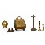 Antique Brass Scuttle, Candlesticks, Jar, Bookends