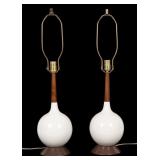 MCM White Ceramic w/ Wood Lamp Pair