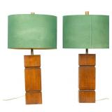 Wood Block Table Lamps With Green Vintage Shades