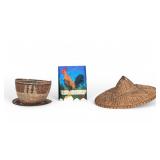 Woven Basket, Hat, and Carved Wood Wall Art
