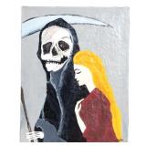 Vintage Folk Art Painting of Woman w/ Grim Reaper