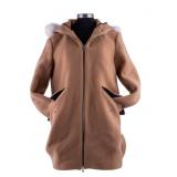 Sandro Paris Camel Coat with Fur-Trimmed Hood